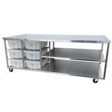 Carlyle Benches, Carlyle Stainless Steel Bench, Bakery Bench, Bakery Bench with storage, popular bakery bench, restaurant bench, commercial kitchen bench, bench with ingredient tubs, bench with pull out tubs, viral bakery bench, bakery and hospitality benches