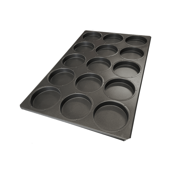 Black bun tray with 15 wells, bakery hamburger bun trays, hamburger equipment, burger shop equipment, burger bread trays, teflon coated hamburger trays 