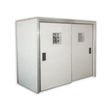 A white, commercial prover room with sliding doors and windows, made of poly panel with aluminium door tracks, bread proving room, cool room style prover, carlyle provers, room style prover 