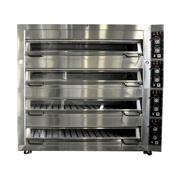 Stainless steel commercial deck oven for baking bread, pastries and pizza, 4 deck oven, best bakery oven, commercial bread baking oven, deck oven with stones, stone baking oven, foodservice oven, pizza oven, bakery oven and equipment, oven that fits 18 inch trays, bakery tray oven, commercial kiychen baking oven, ultima baking oven