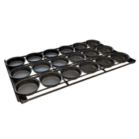 Metal pie pallet with 18 pie tins for bulk meat pie cooking. Teflon coat pie tins, aluminium pie tin trays, pie trays for foodservice business, pie pallets and pie tin trays for commercial kitchen, bakery equipment clayton, pie making supplies, pie making trays