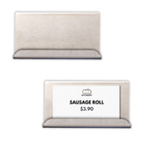Metal tags for bakery, metal display tags, donut display tags, product display tags, metal product tags, kam pie warmer, kam australia, metal tags for KAM pie warmer, KAM ambient display unit, product swing tags metal, reusable food product tags  