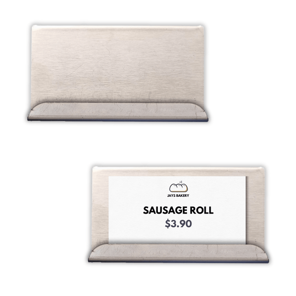 Metal tags for bakery, metal display tags, donut display tags, product display tags, metal product tags, kam pie warmer, kam australia, metal tags for KAM pie warmer, KAM ambient display unit, product swing tags metal, reusable food product tags  
