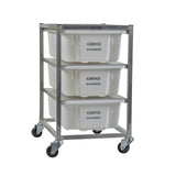 A stainless steel Storage Bin Rack BR3 with three white plastic bins, mounted on nylon wheels castors, nally bins, nally bin storage rack, bakery storage, cafe kitchen storage, commercial kitchen storage, bakery racks