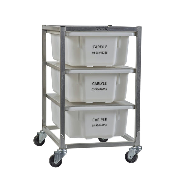 A stainless steel Storage Bin Rack BR3 with three white plastic bins, mounted on nylon wheels castors, nally bins, nally bin storage rack, bakery storage, cafe kitchen storage, commercial kitchen storage, bakery racks